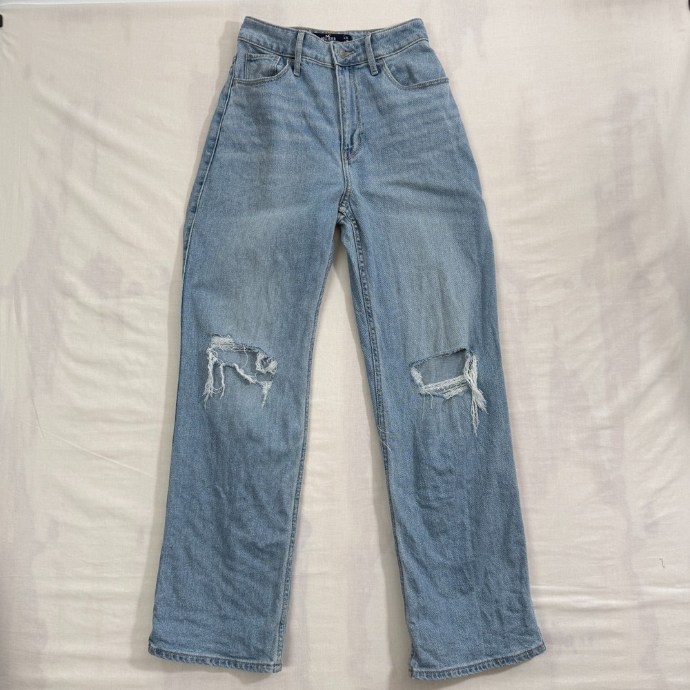 Hollister Jeans Womens W24 L29 Light Blue High Rise Straight Ripped Distressed